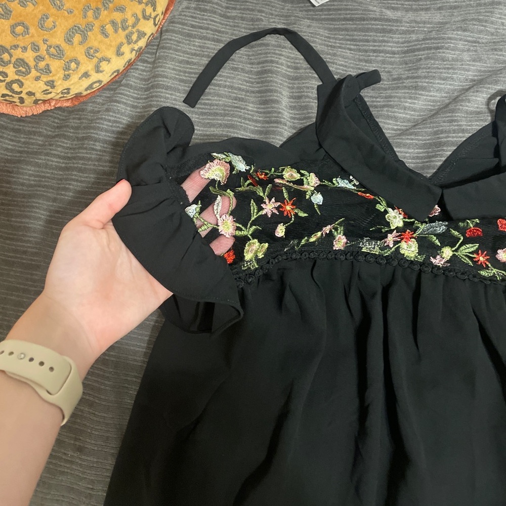 forever 21 black floral mesh blouse with ruffles